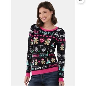 Christmas Womens Sweater Teddy Bear Balls Ornaments Hearts Sequins Size Medium